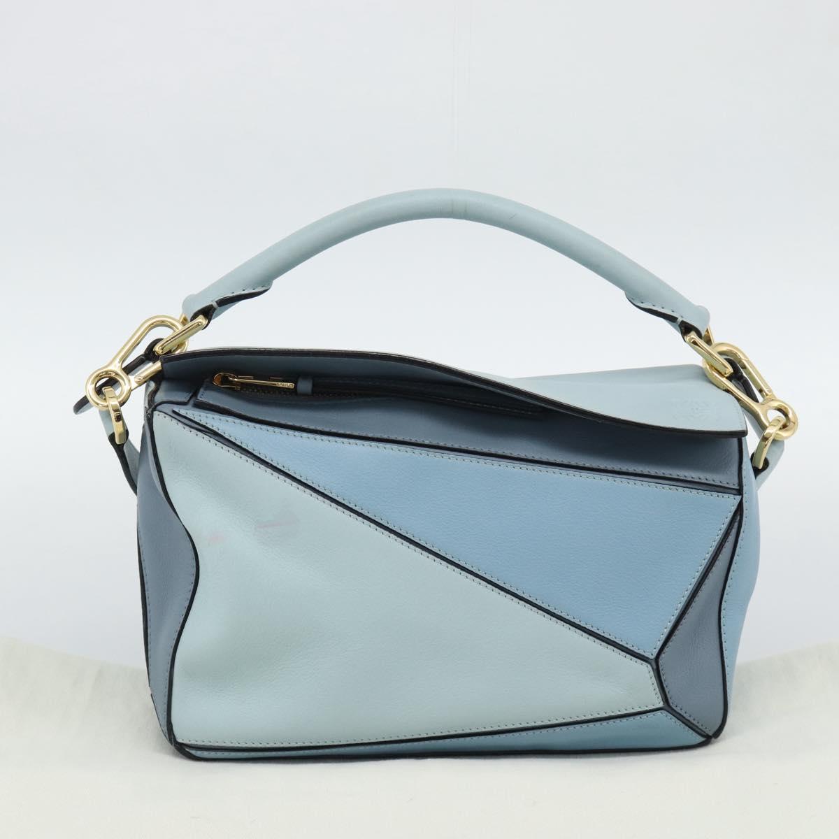 LOEWE Puzzle Small Hand Bag Leather 2way Light Blue Gold Tone Auth ka5477V