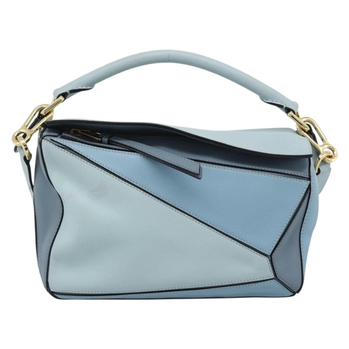 LOEWE Puzzle Small Hand Bag Leather 2way Light Blue Gold Tone Auth ka5477V