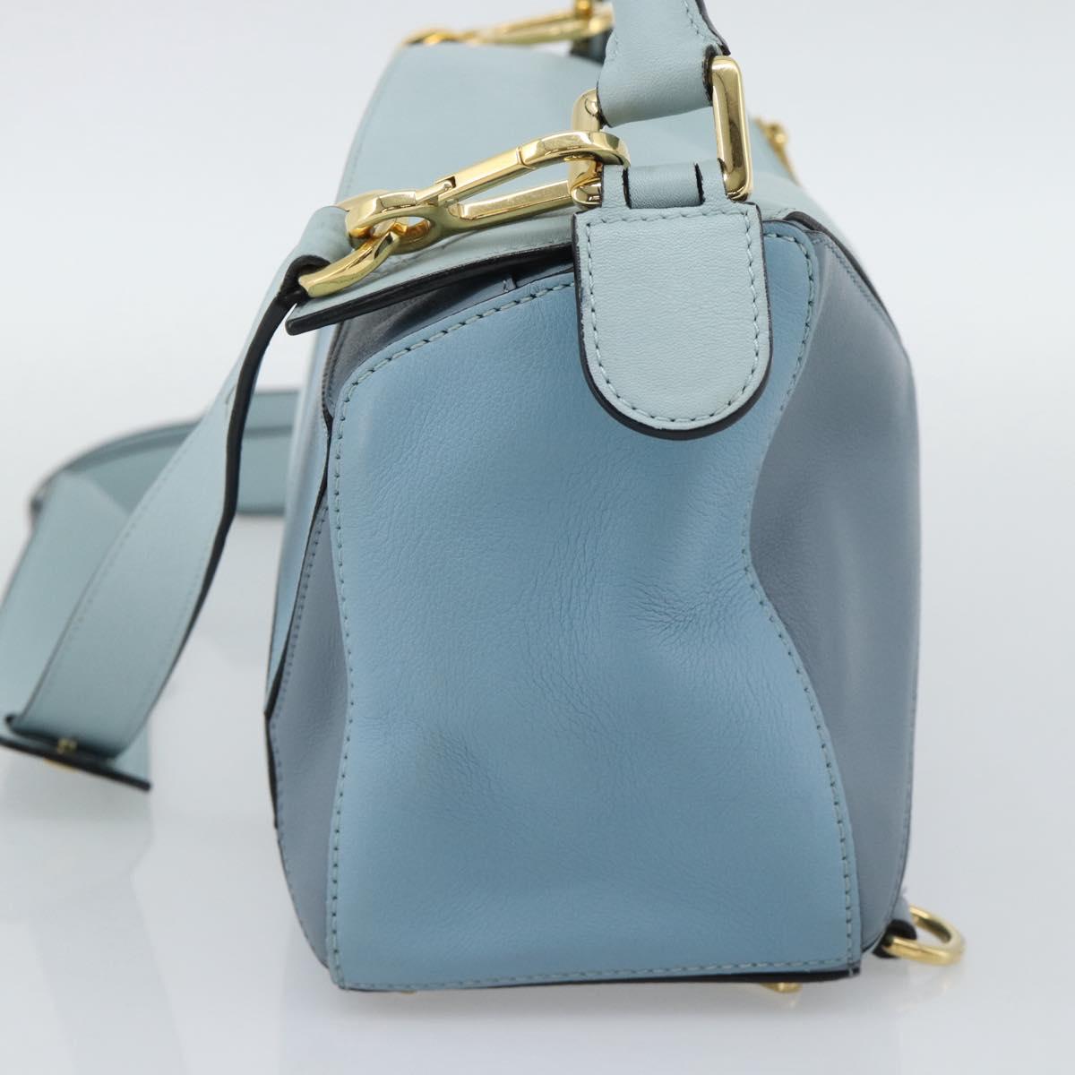 LOEWE Puzzle Small Hand Bag Leather 2way Light Blue Gold Tone Auth ka5477V
