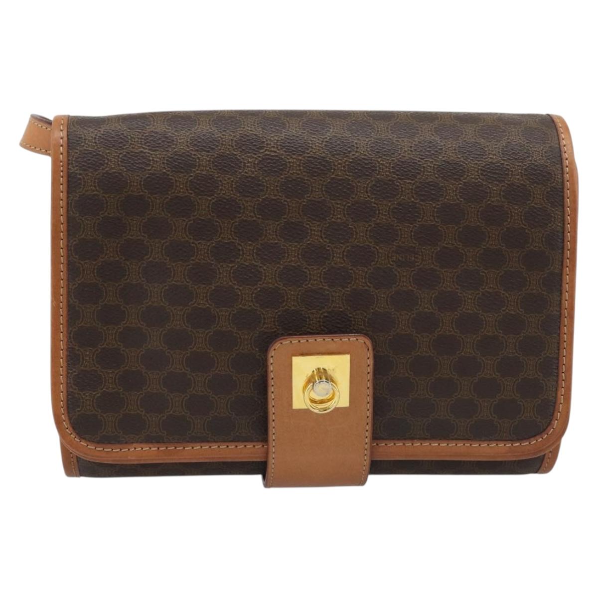 CELINE Macadam Shoulder Bag PVC Leather Brown Gold Tone Auth ka5479A