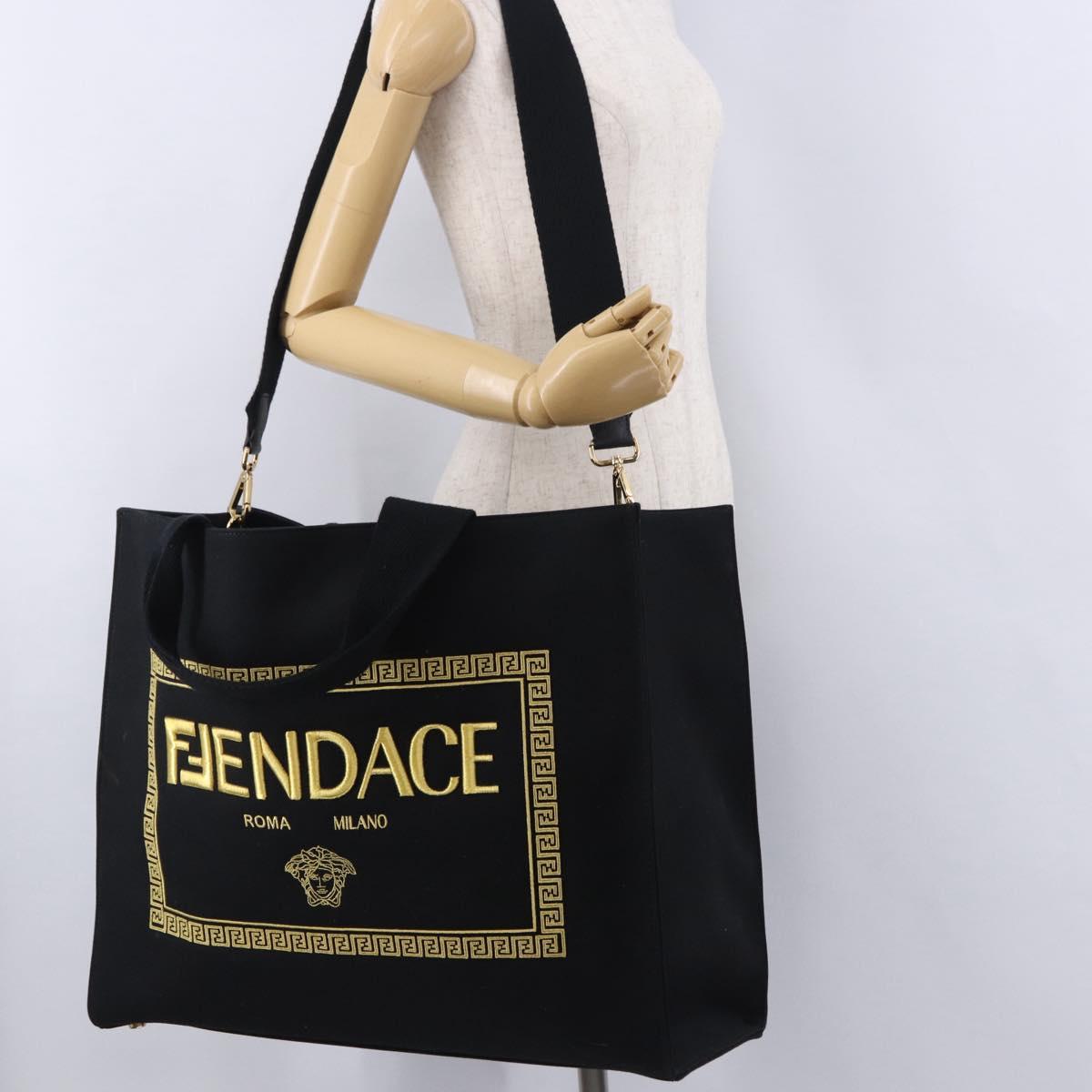 FENDI FENDACE Tote Bag Canvas 2way Black Gold 7VA558 Auth ka5494M