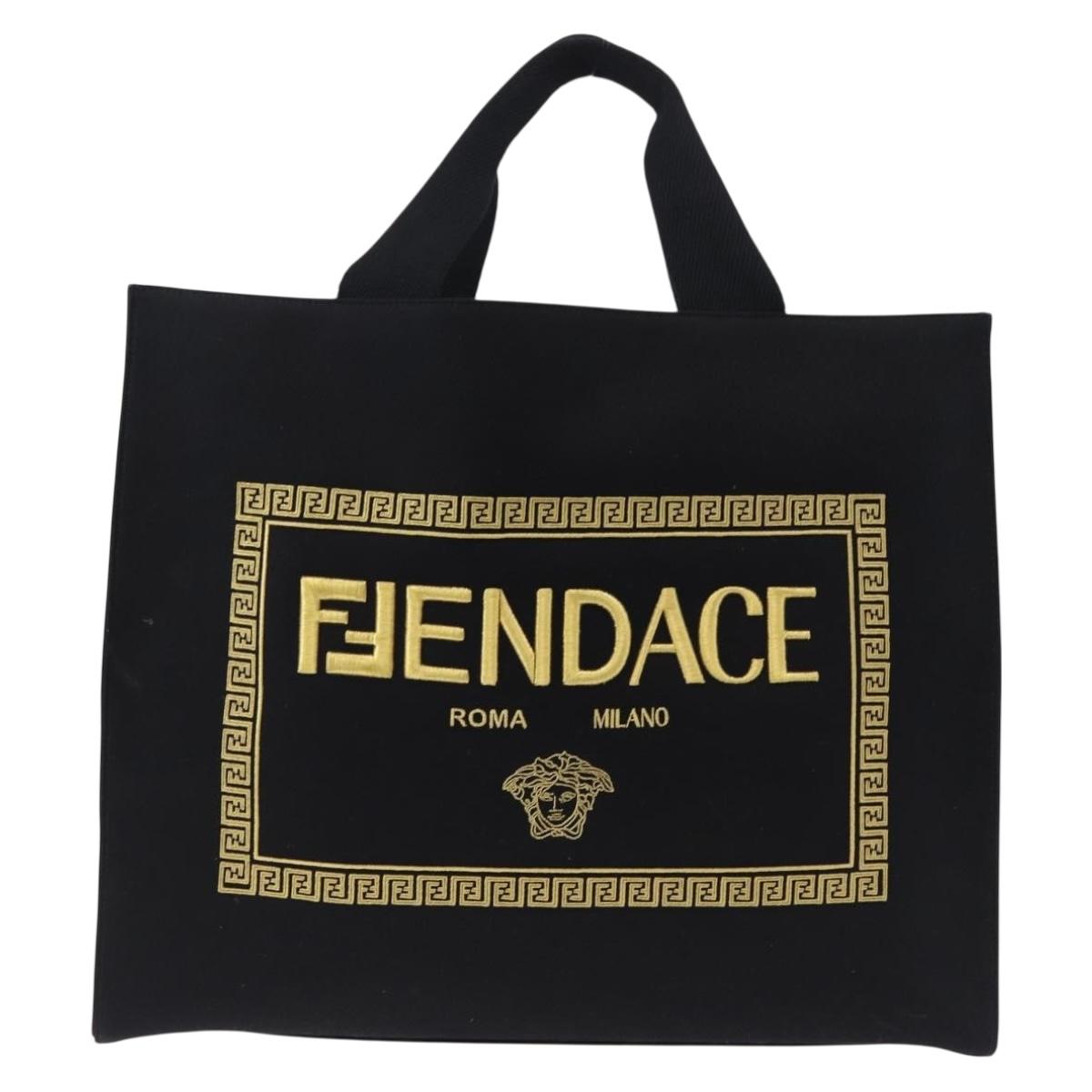 FENDI FENDACE Tote Bag Canvas 2way Black Gold 7VA558 Auth ka5494M