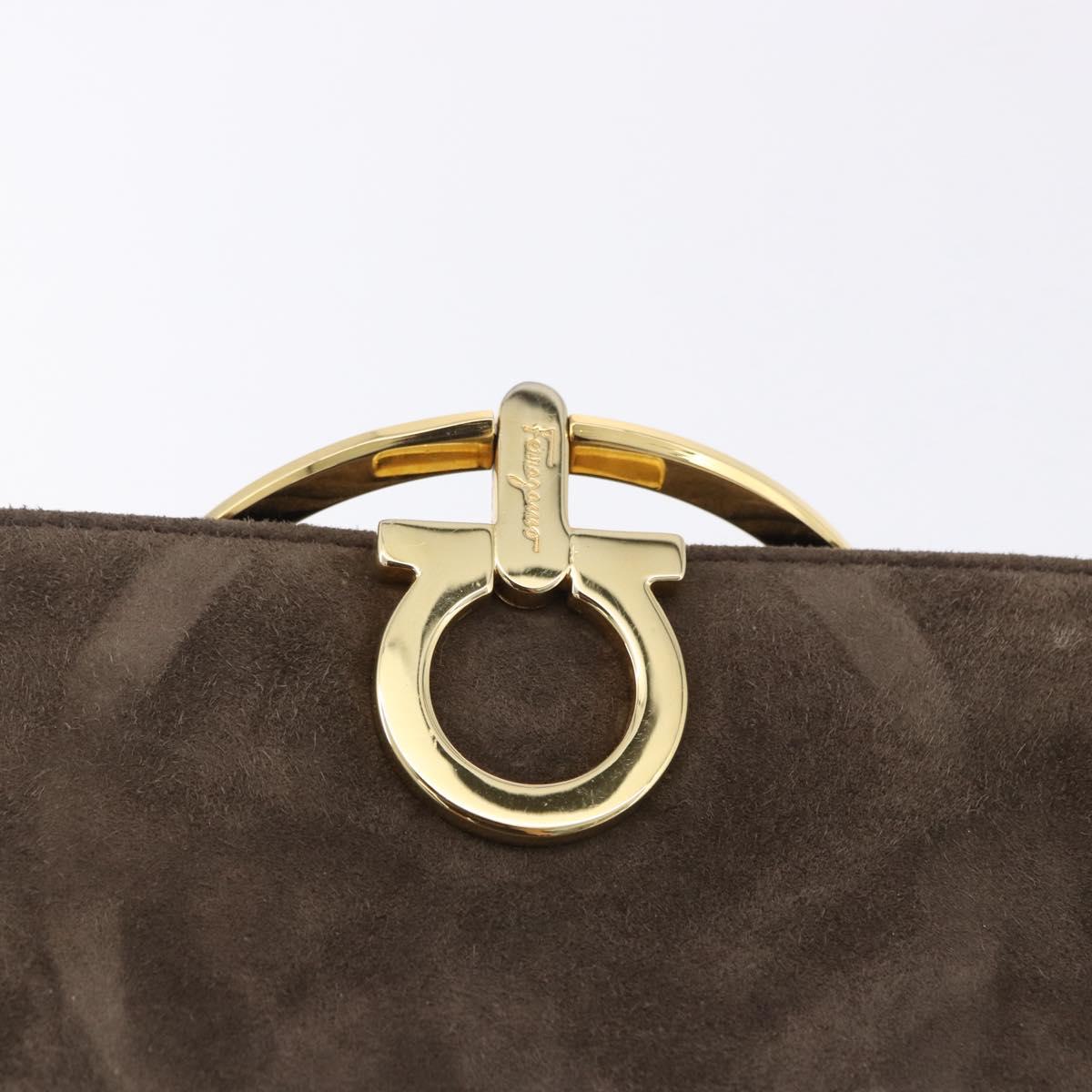 Salvatore Ferragamo Gancini Hand Bag Suede Brown Gold Tone Auth ka5495