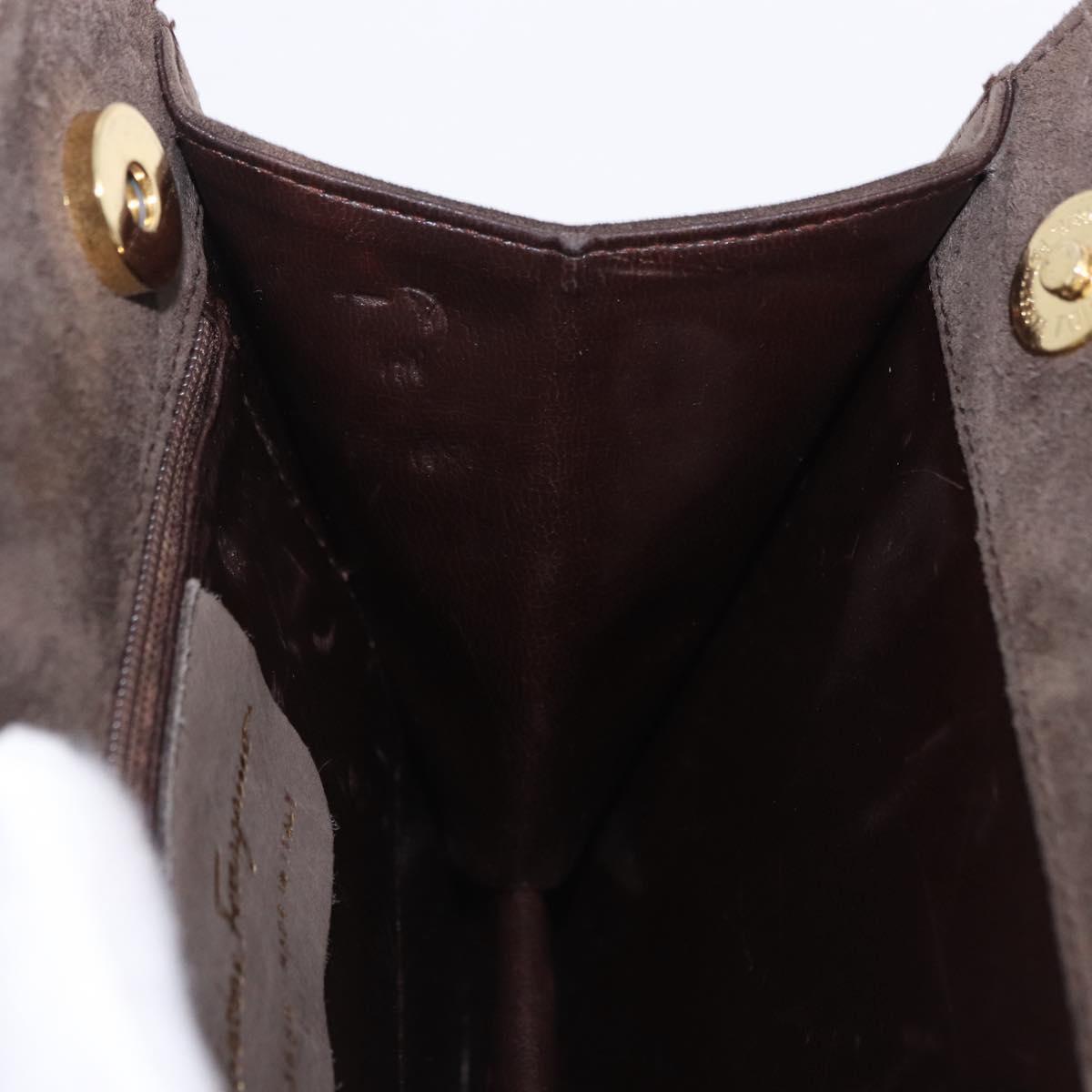 Salvatore Ferragamo Gancini Hand Bag Suede Brown Gold Tone Auth ka5495