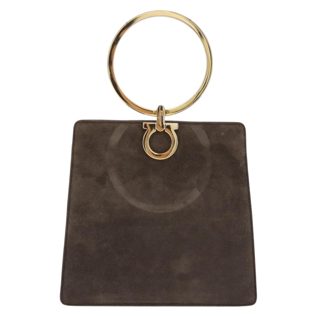 Salvatore Ferragamo Gancini Hand Bag Suede Brown Gold Tone Auth ka5495