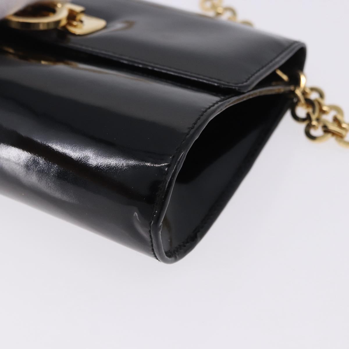 Salvatore Ferragamo Gancini Chain Shoulder Bag Patent Black Gold Auth ka5498