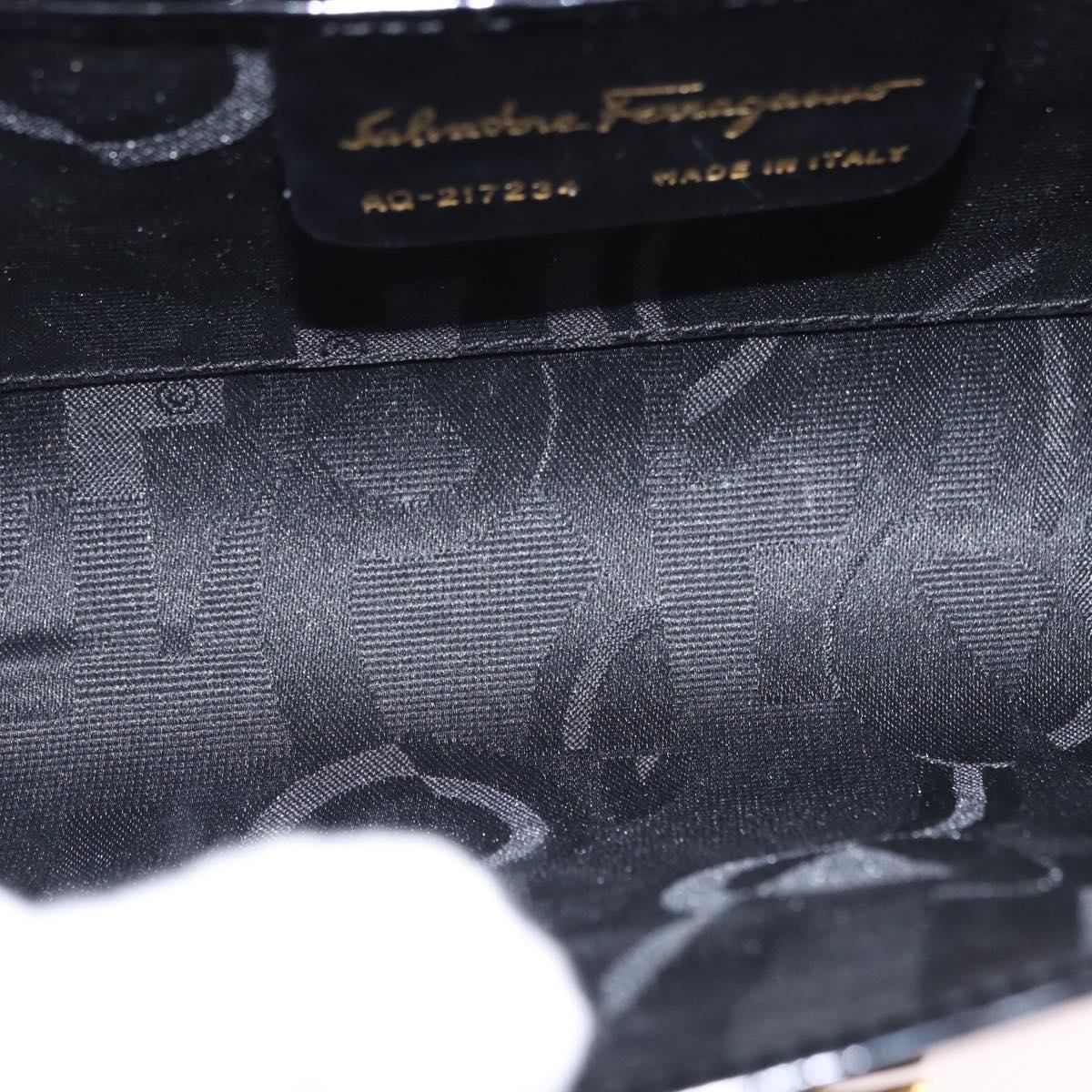 Salvatore Ferragamo Gancini Chain Shoulder Bag Patent Black Gold Auth ka5498