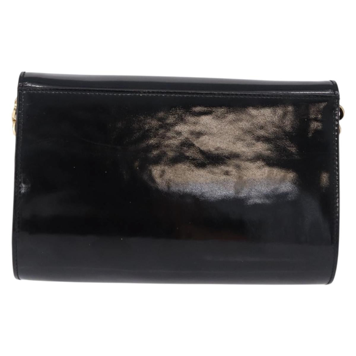 Salvatore Ferragamo Gancini Chain Shoulder Bag Patent Black Gold Auth ka5498