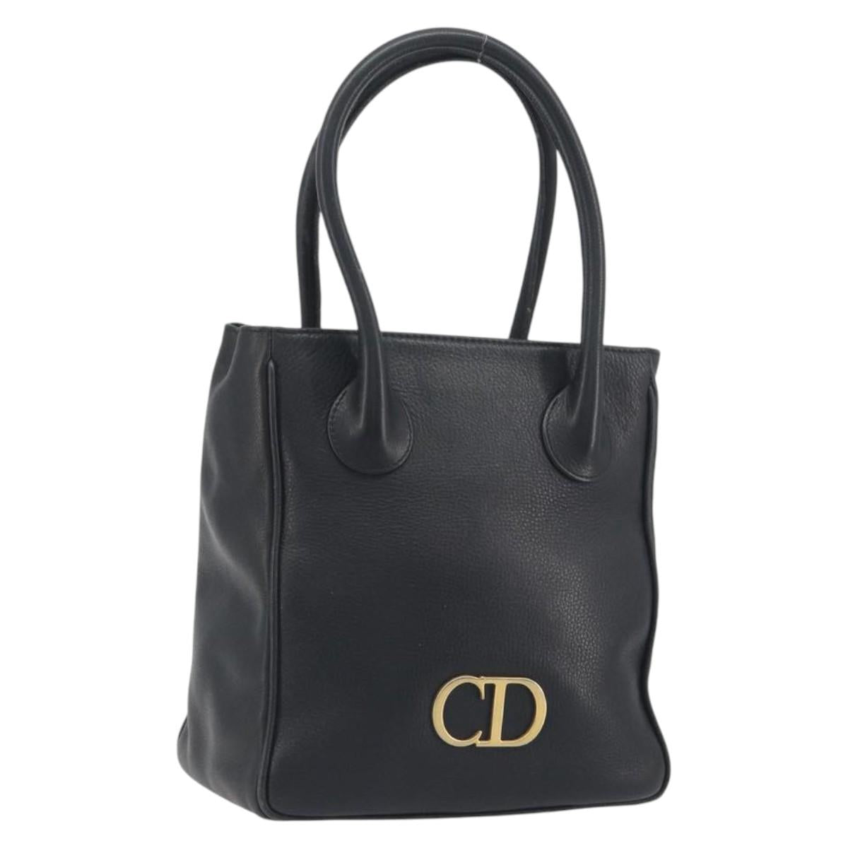 Christian Dior Hand Bag Leather Black Gold Tone Auth ka5510A