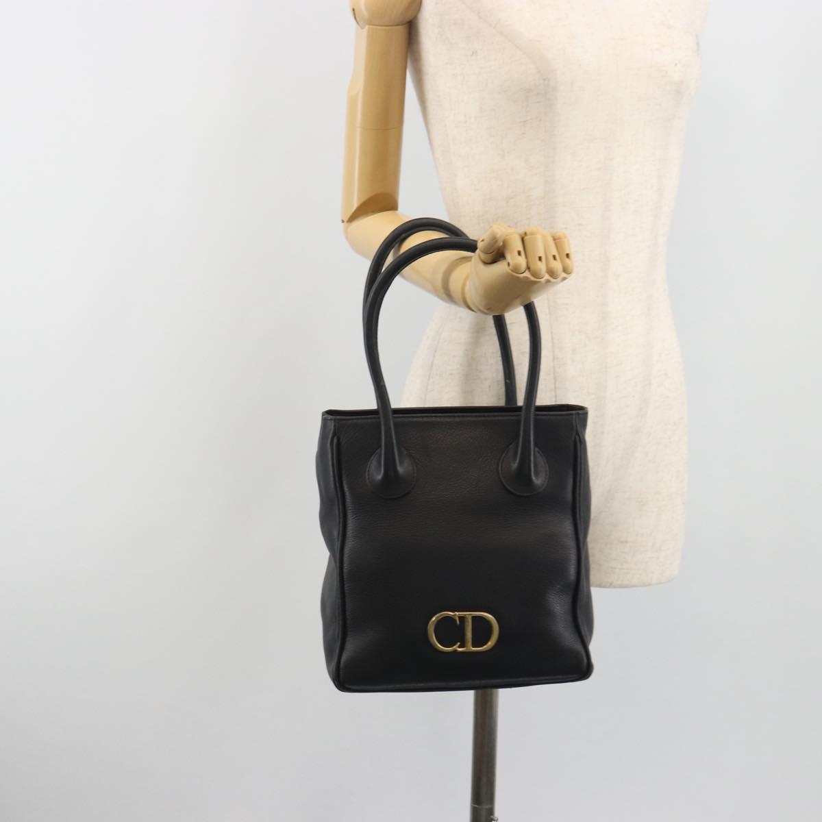 Christian Dior Hand Bag Leather Black Gold Tone Auth ka5510A