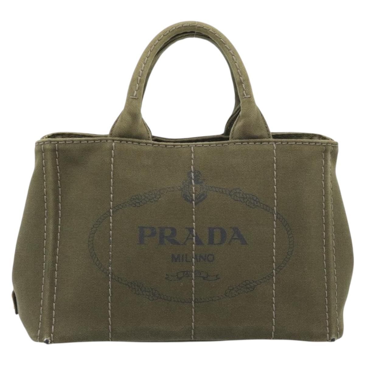PRADA Canapa PM Hand Bag Canvas Khaki Gold Tone Auth ka5515
