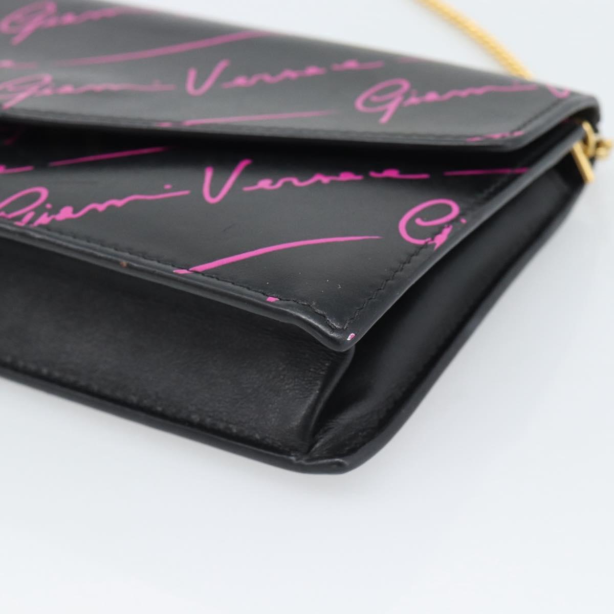 VERSACE Chain Shoulder Bag Leather Black Gold Tone Auth ka5520A