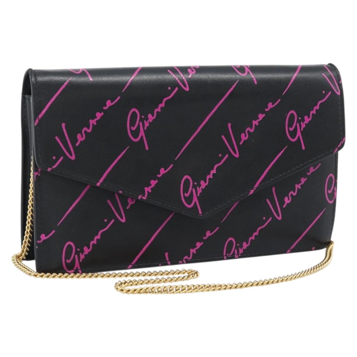 VERSACE Chain Shoulder Bag Leather Black Gold Tone Auth ka5520A