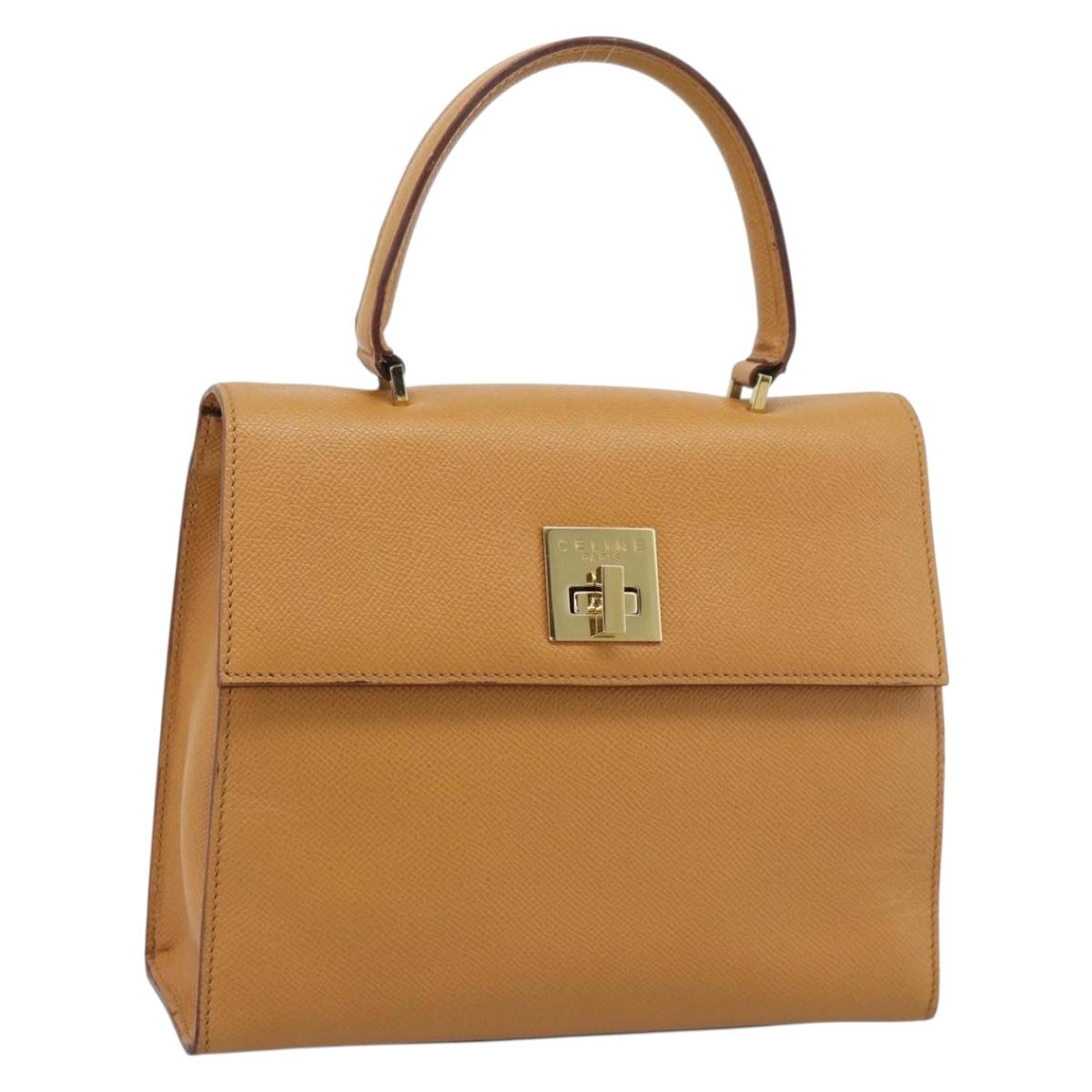 CELINE Hand Bag Leather Brown Gold Tone Auth ka5521A