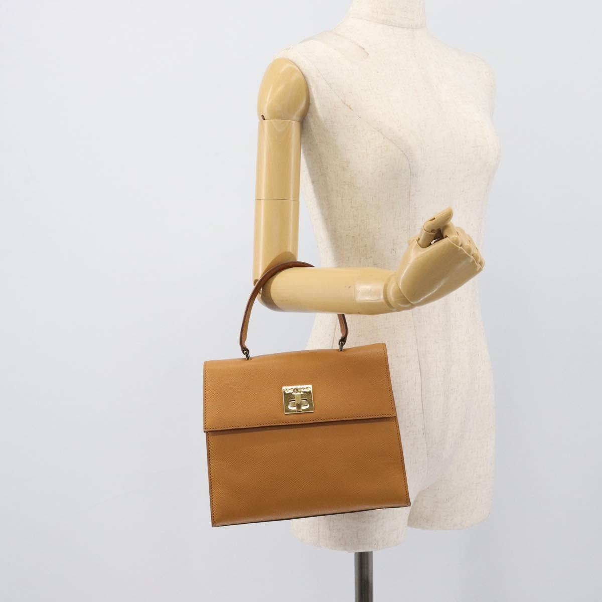 CELINE Hand Bag Leather Brown Gold Tone Auth ka5521A