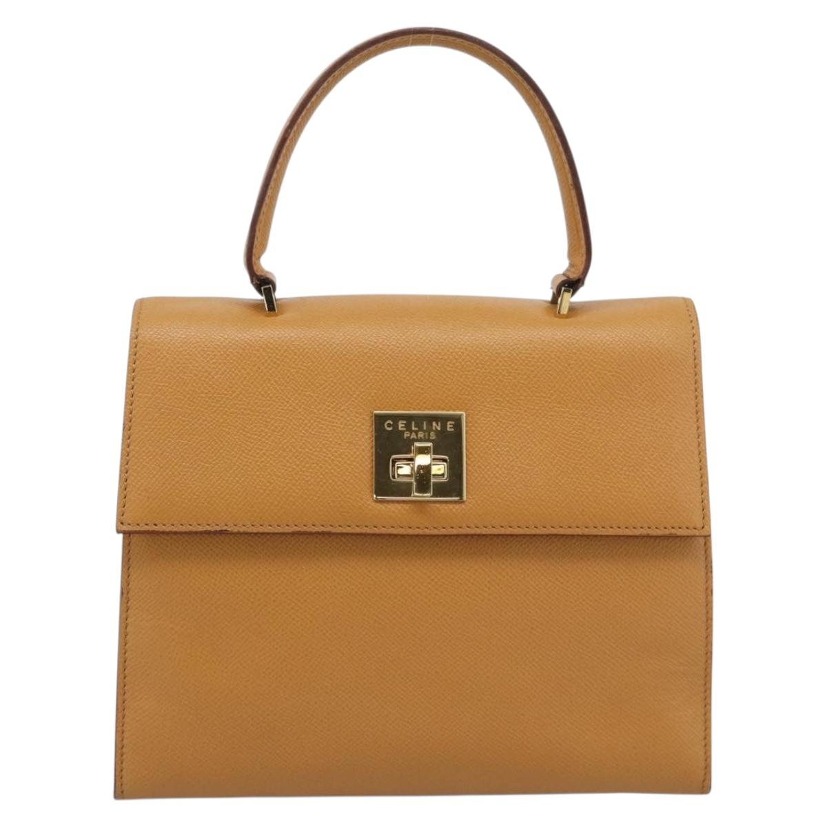 CELINE Hand Bag Leather Brown Gold Tone Auth ka5521A