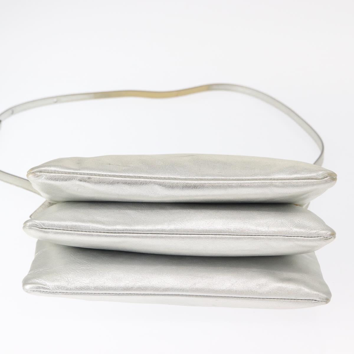 CELINE Trio large Shoulder Bag Leather Silver Gold Auth ka553