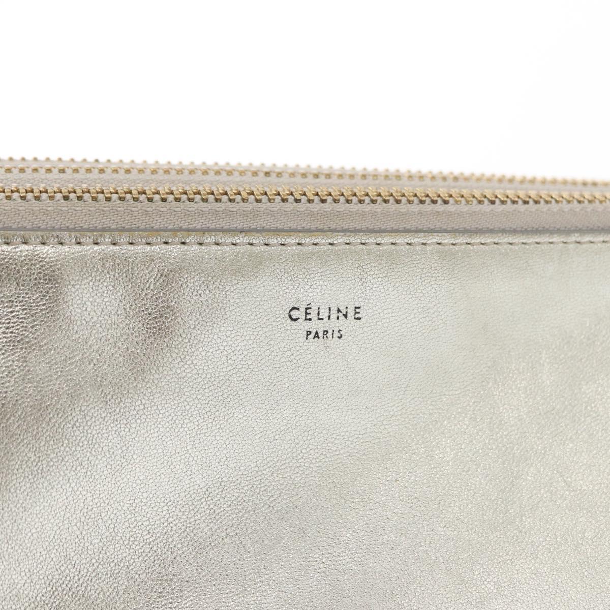 CELINE Trio large Shoulder Bag Leather Silver Gold Auth ka553