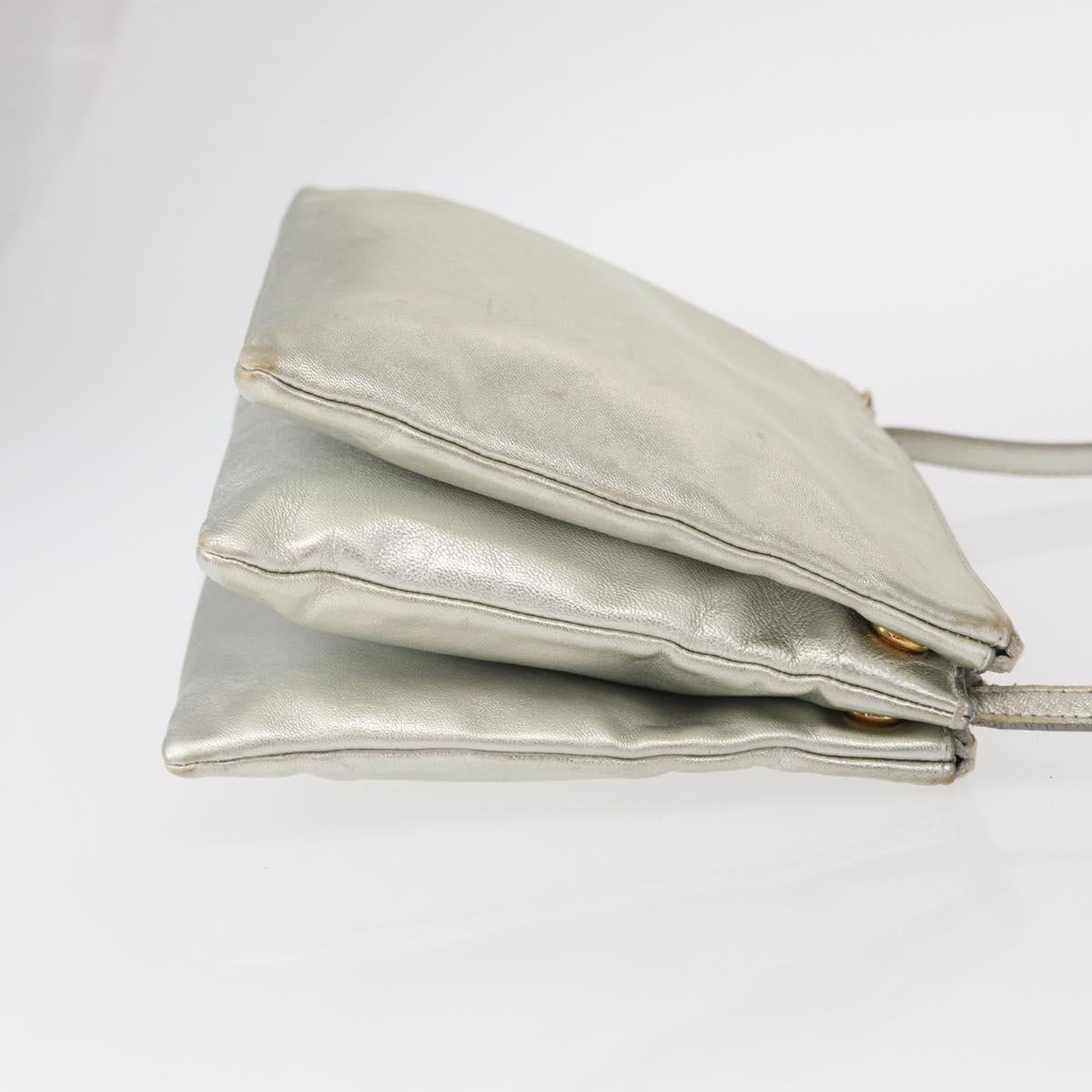 CELINE Trio large Shoulder Bag Leather Silver Gold Auth ka553