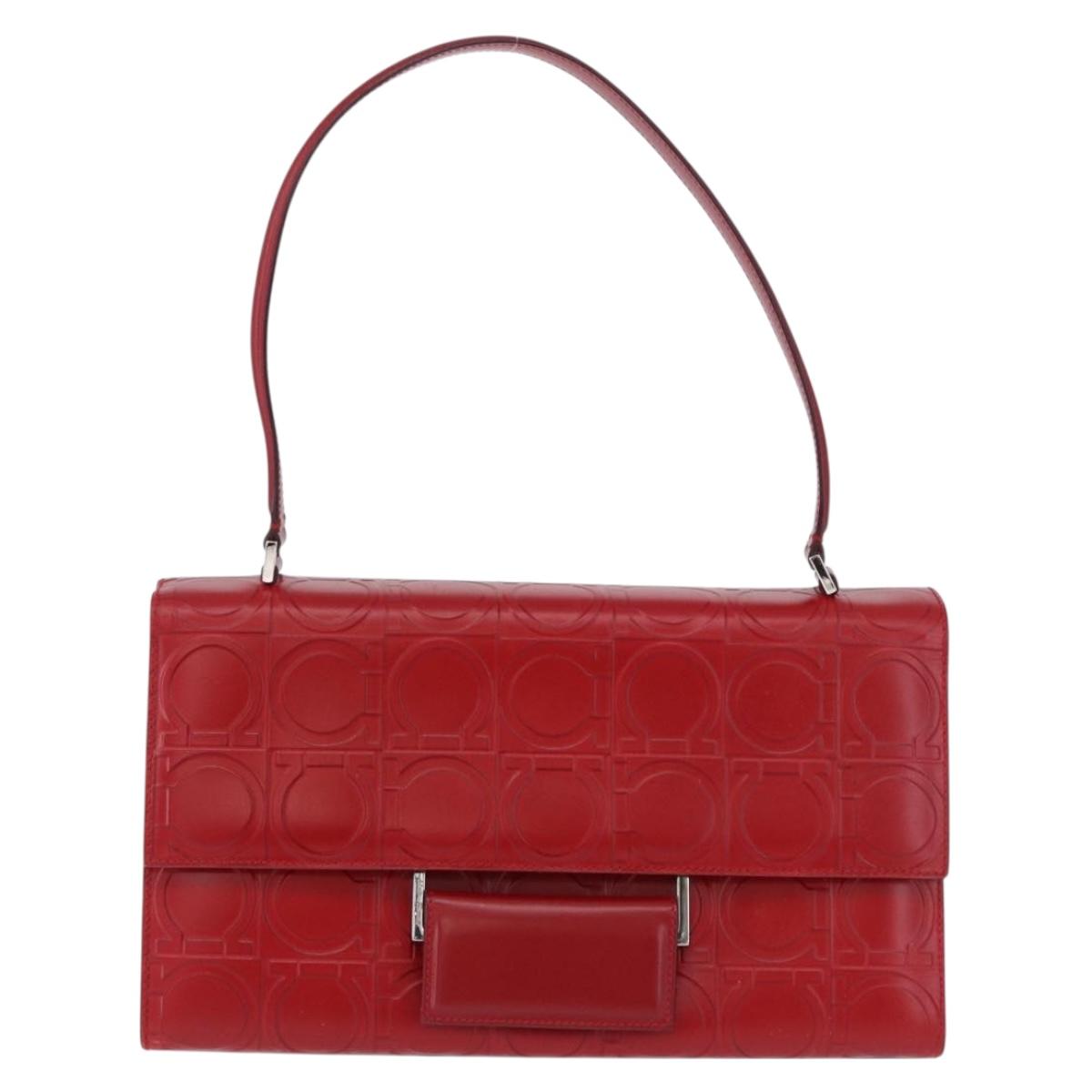 Salvatore Ferragamo Gancini Hand Bag Leather Red Silver Auth ka5534