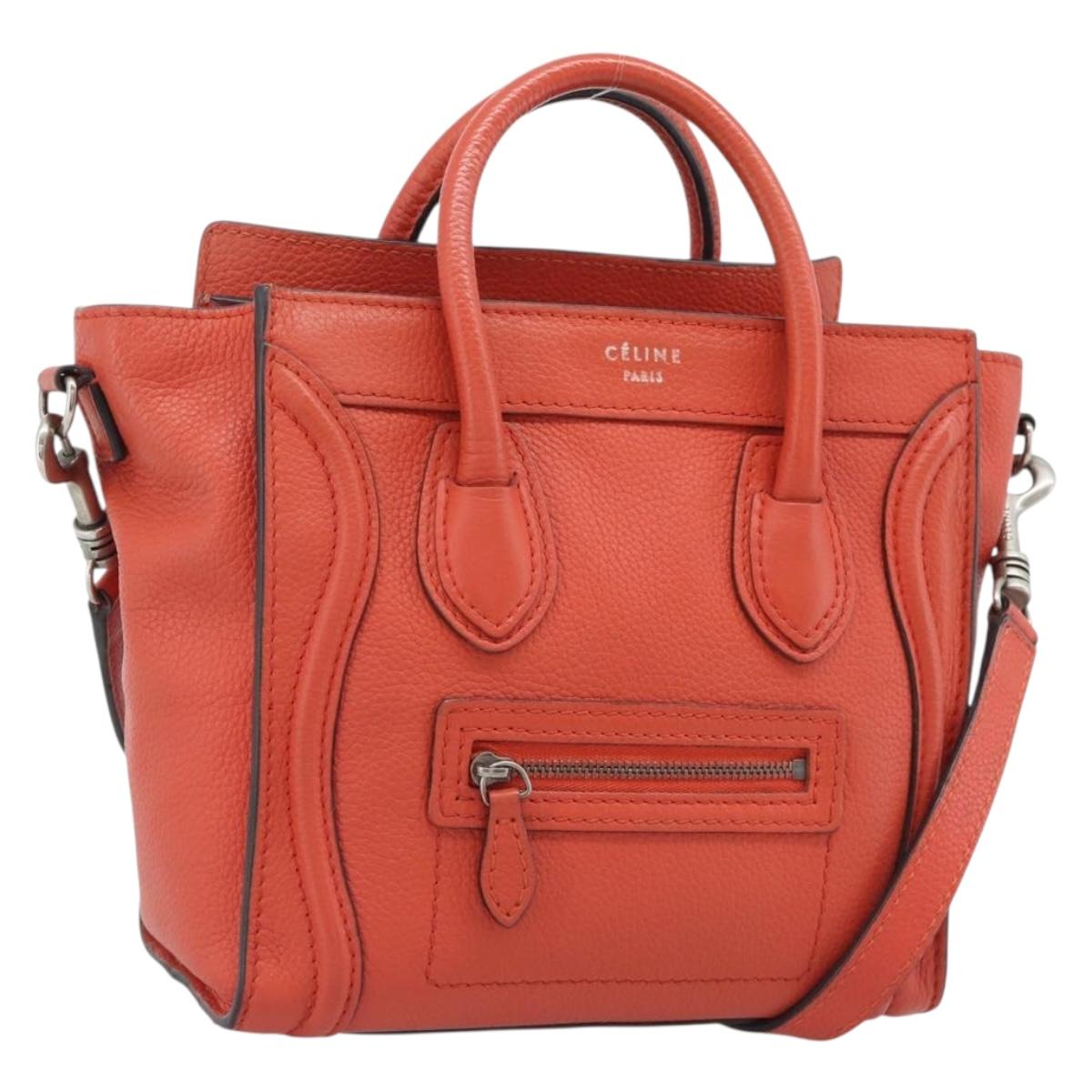 CELINE Luggage Nano Shopper Hand Bag Leather 2way Orange Silver Auth ka5539A