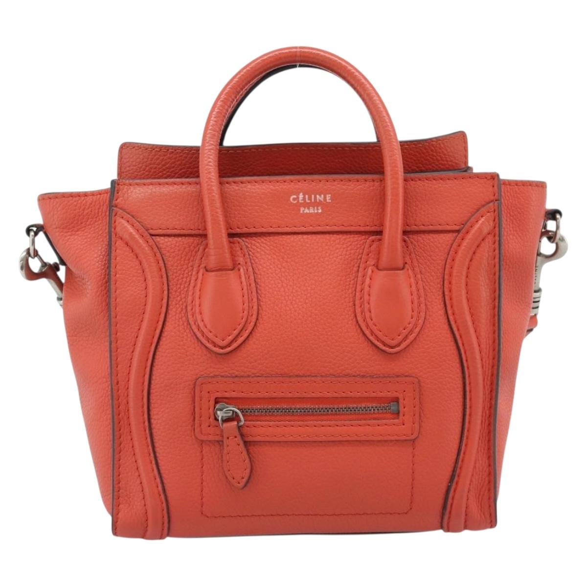 CELINE Luggage Nano Shopper Hand Bag Leather 2way Orange Silver Auth ka5539A