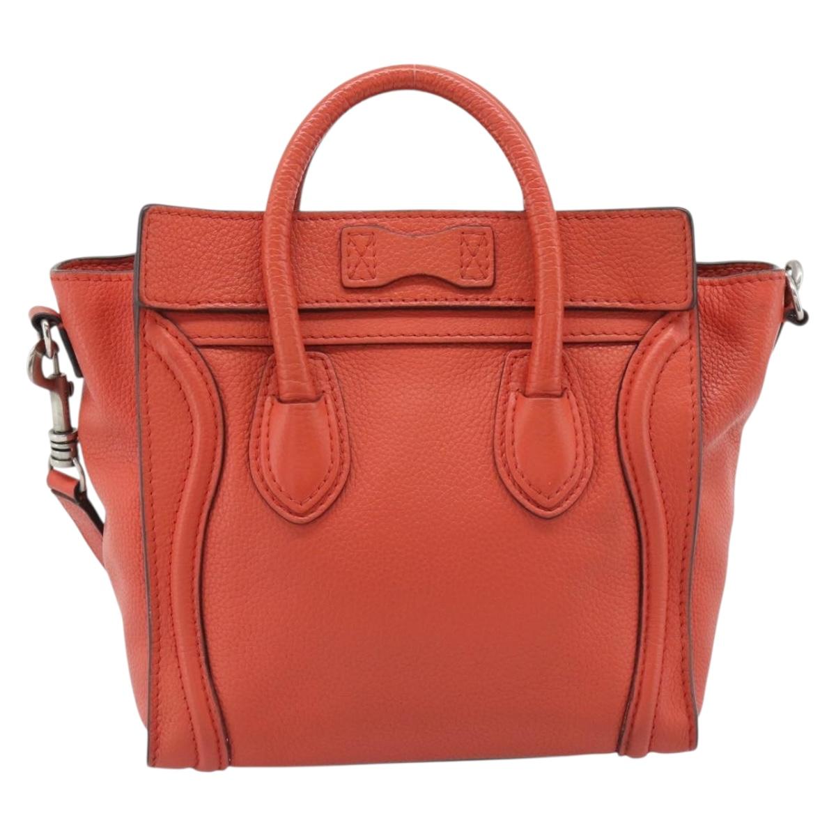 CELINE Luggage Nano Shopper Hand Bag Leather 2way Orange Silver Auth ka5539A