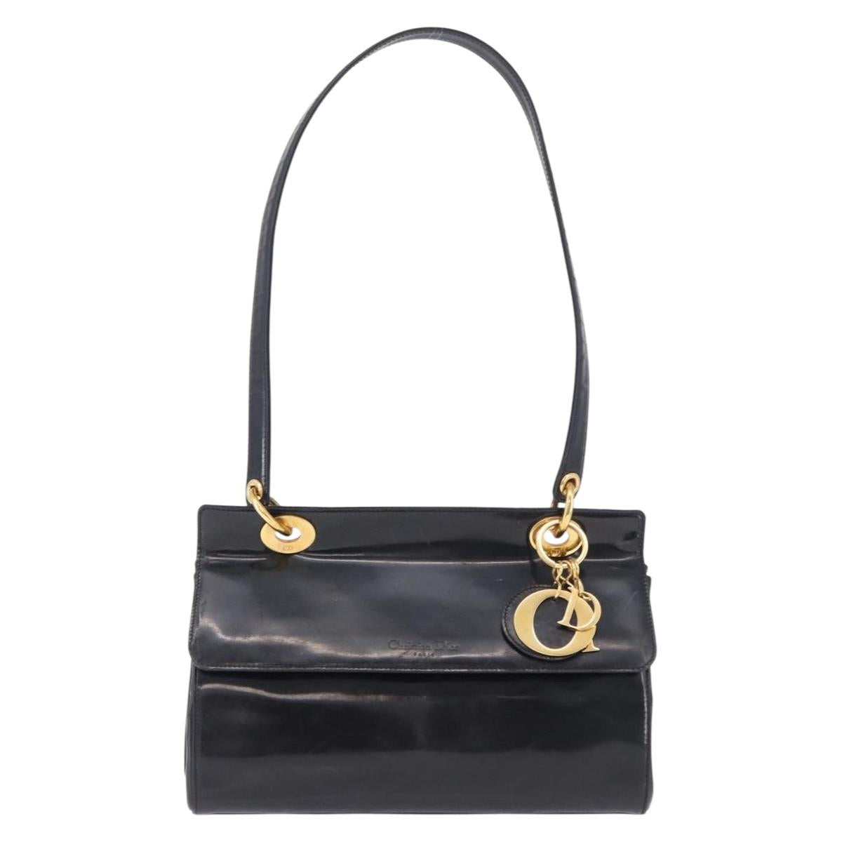 Christian Dior Shoulder Bag Patent Black Gold Tone Auth ka5543