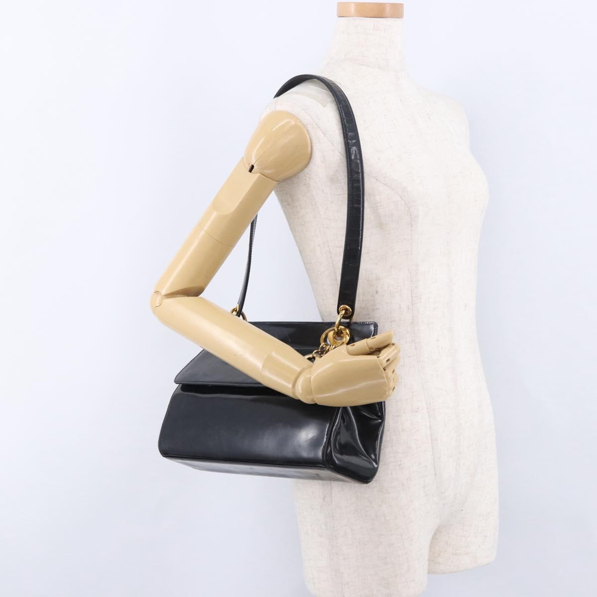 Christian Dior Shoulder Bag Patent Black Gold Tone Auth ka5543