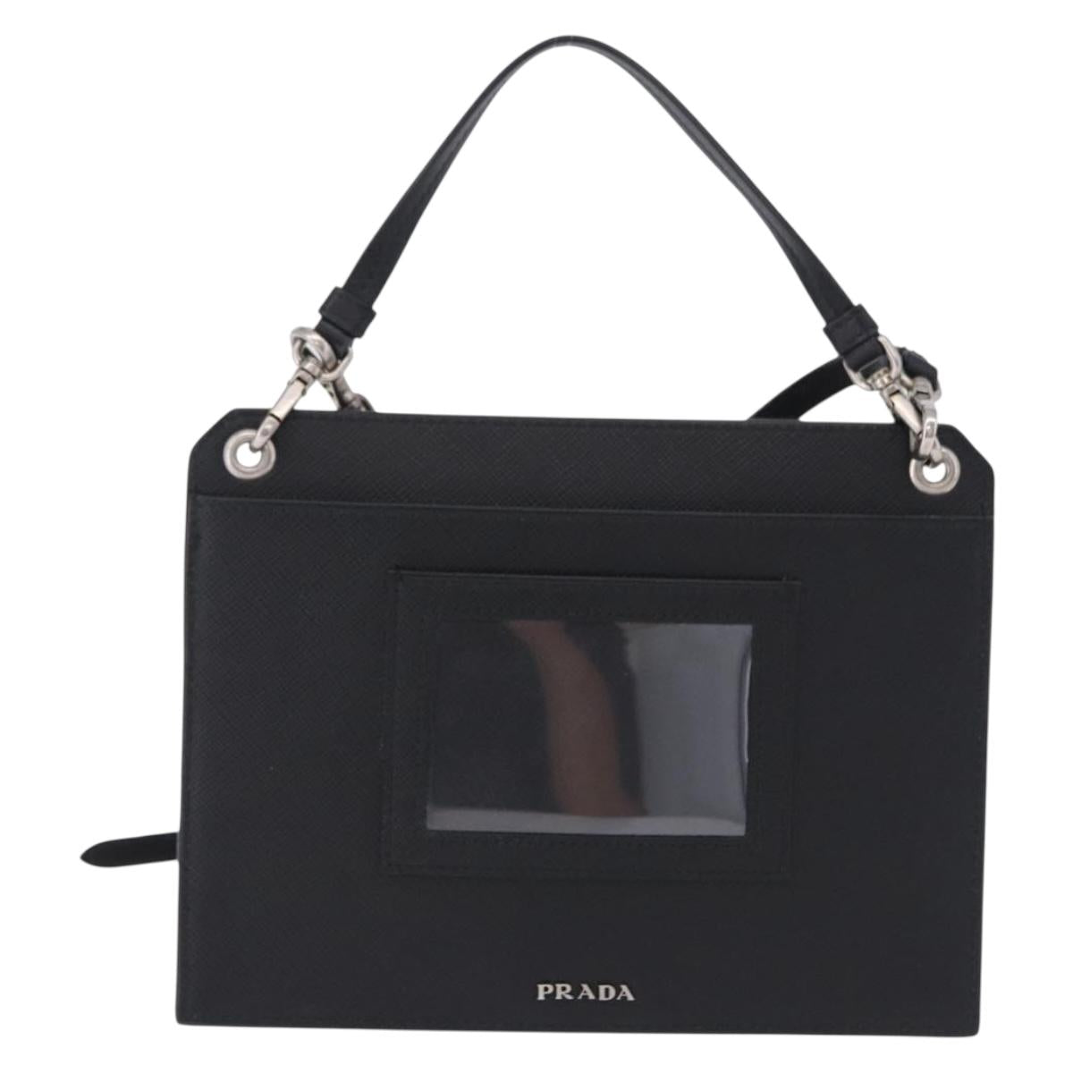 PRADA Shoulder Bag Saffiano leather Black Silver Auth ka5546A