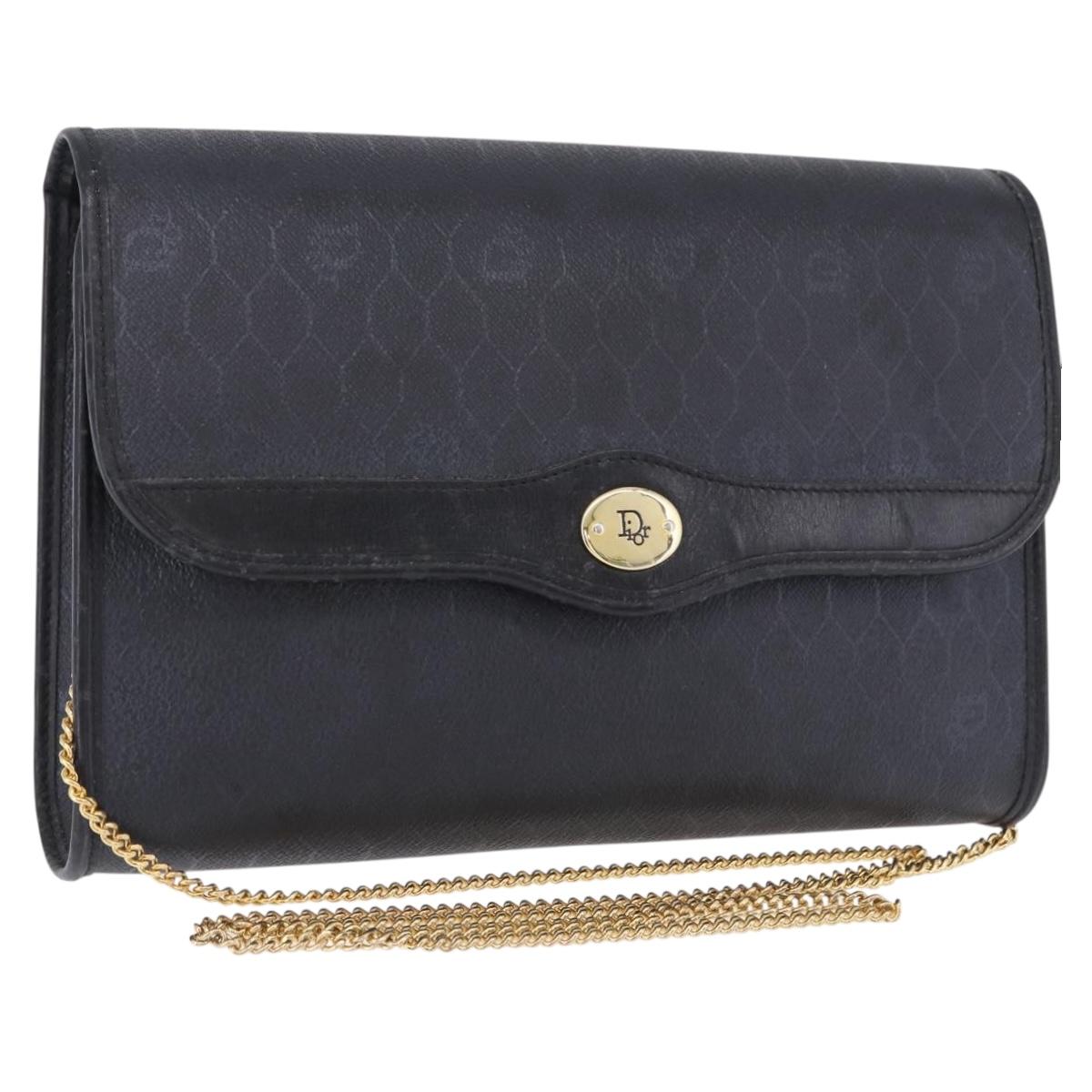 Christian Dior Honeycomb Chain Shoulder Bag PVC Leather Black Gold Auth ka5548