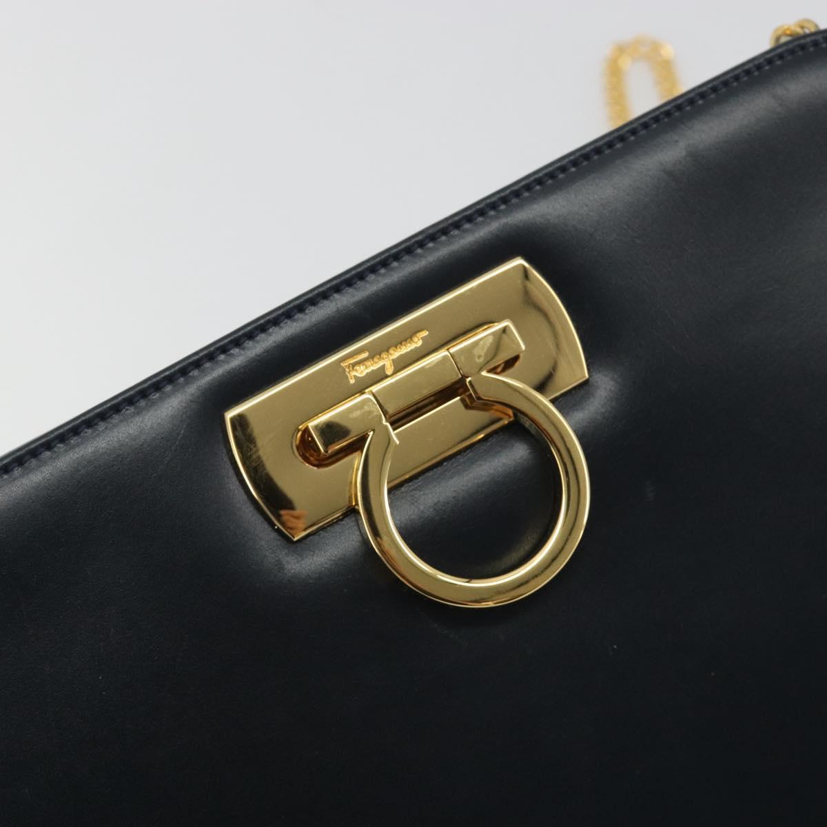 Salvatore Ferragamo Gancini Chain Shoulder Bag Leather Navy Gold Auth ka5564