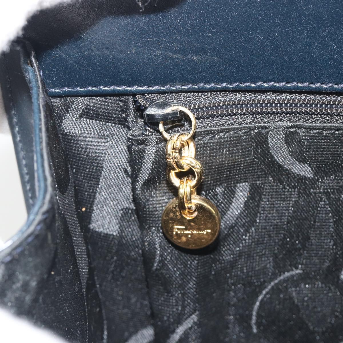 Salvatore Ferragamo Gancini Chain Shoulder Bag Leather Navy Gold Auth ka5564