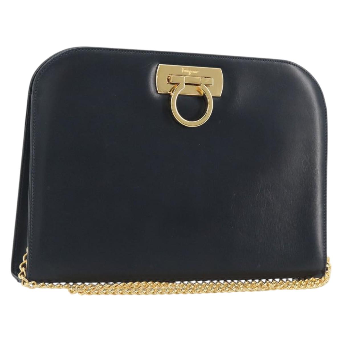 Salvatore Ferragamo Gancini Chain Shoulder Bag Leather Navy Gold Auth ka5564