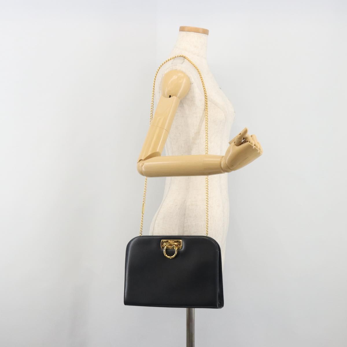 Salvatore Ferragamo Gancini Chain Shoulder Bag Leather Navy Gold Auth ka5564