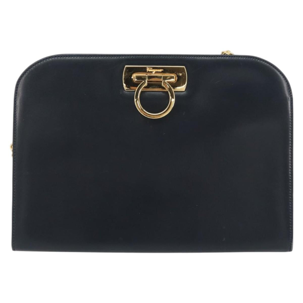 Salvatore Ferragamo Gancini Chain Shoulder Bag Leather Navy Gold Auth ka5564