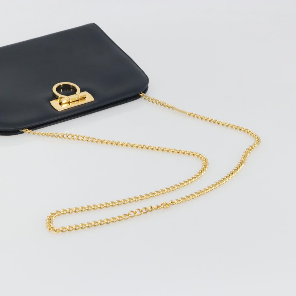 Salvatore Ferragamo Gancini Chain Shoulder Bag Leather Navy Gold Auth ka5564