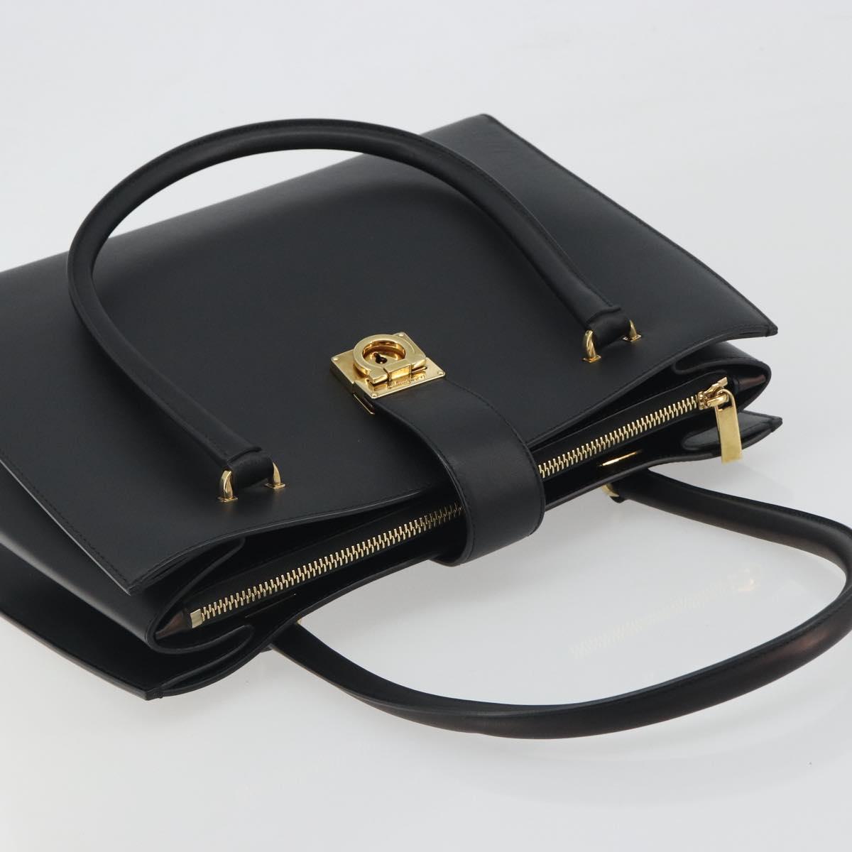 Salvatore Ferragamo Gancini Hand Bag Leather Black Gold Tone Auth ka5566A