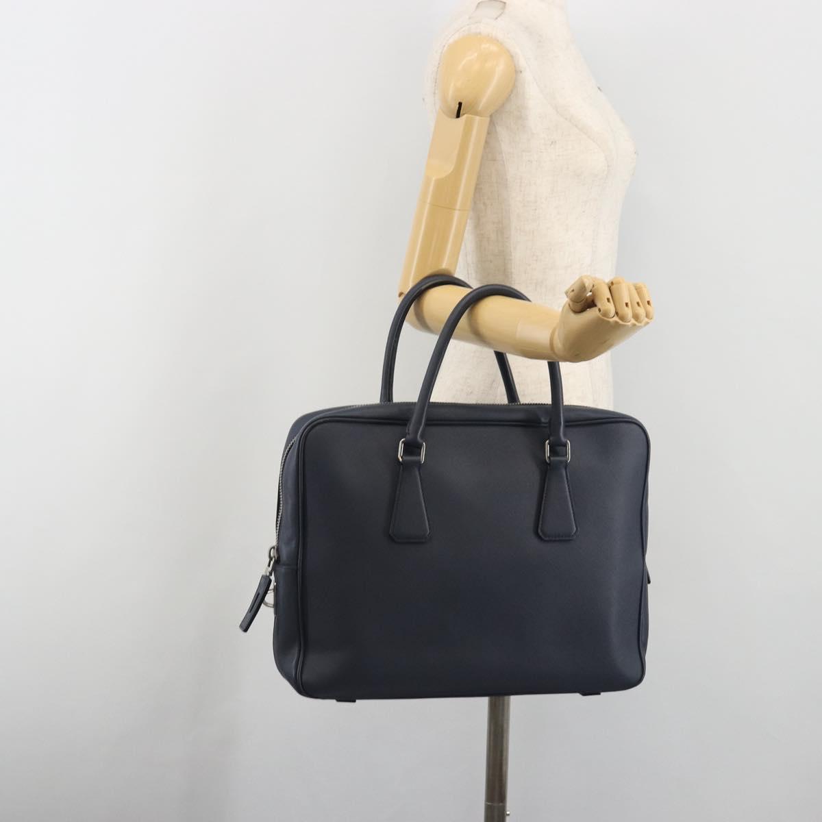 PRADA Saffiano Business Bag Navy Silver Auth ka5567A