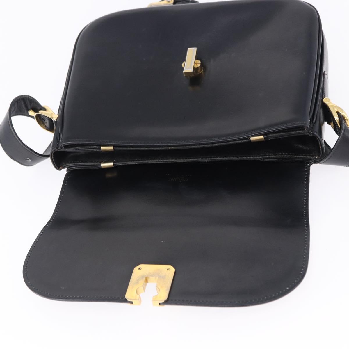 CELINE Horse Carriage Shoulder Bag Leather Black Gold Tone Auth ka5574