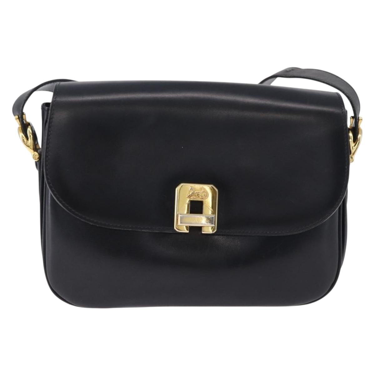 CELINE Horse Carriage Shoulder Bag Leather Black Gold Tone Auth ka5574