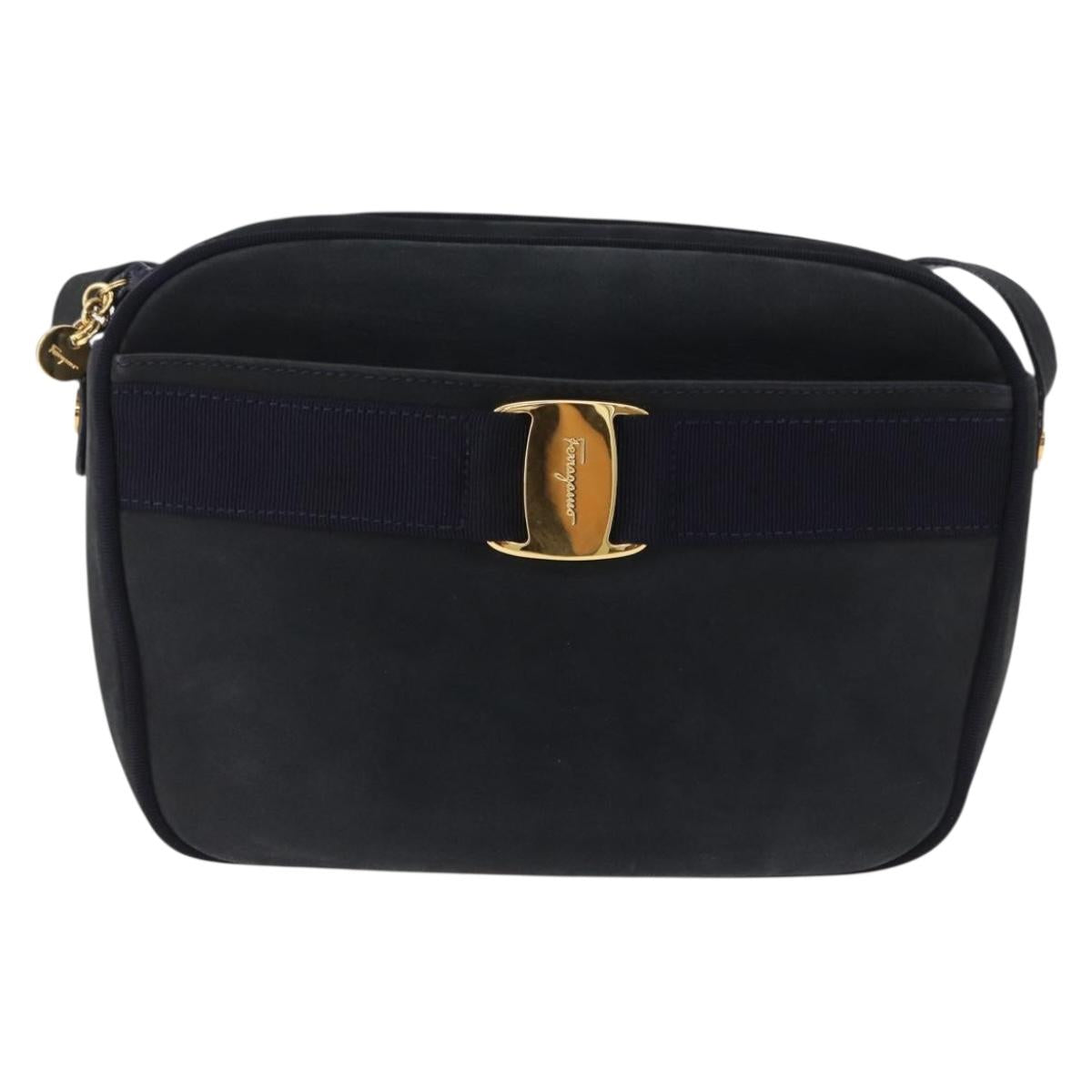 Salvatore Ferragamo Vala Shoulder Bag Suede Navy Gold Auth ka5596