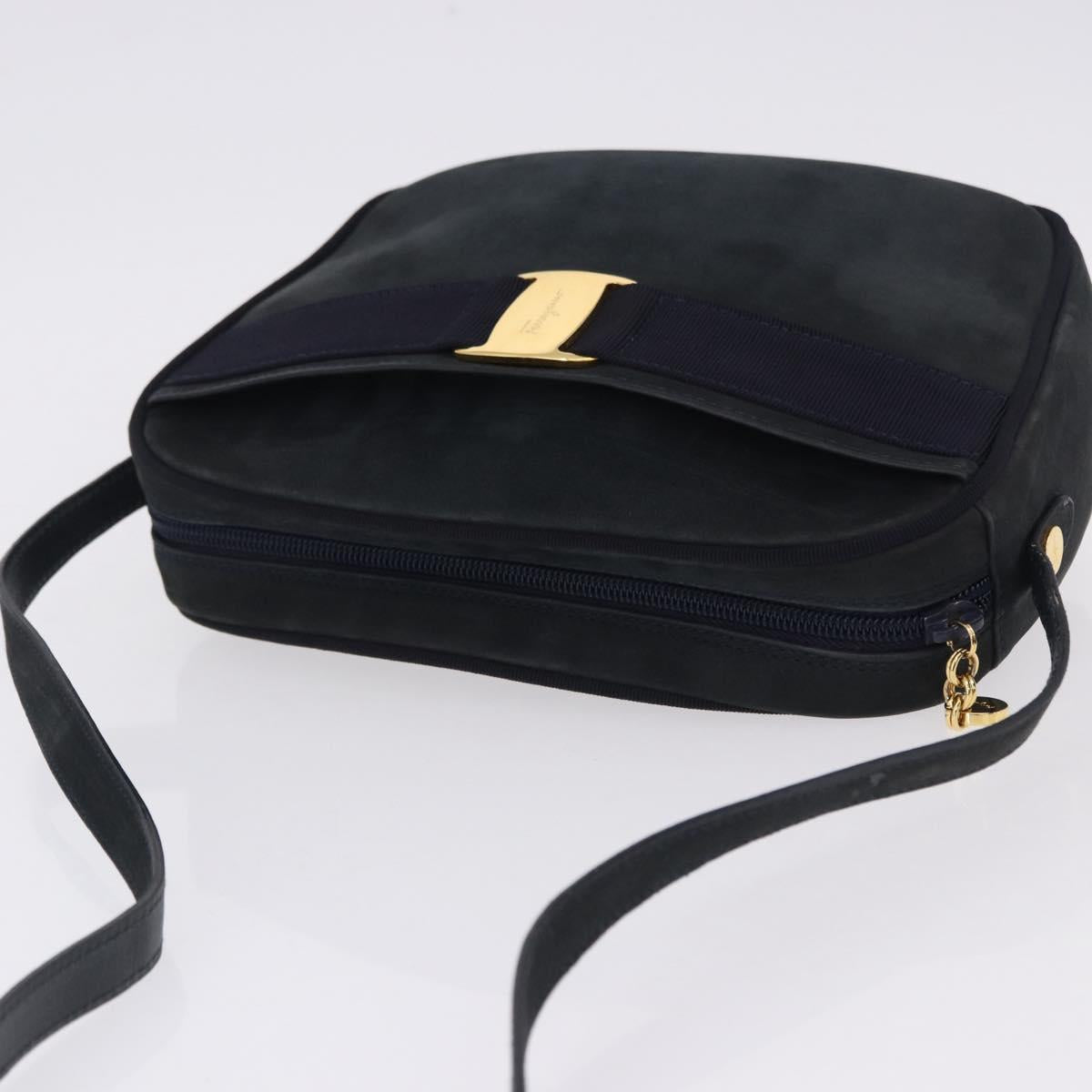 Salvatore Ferragamo Vala Shoulder Bag Suede Navy Gold Auth ka5596