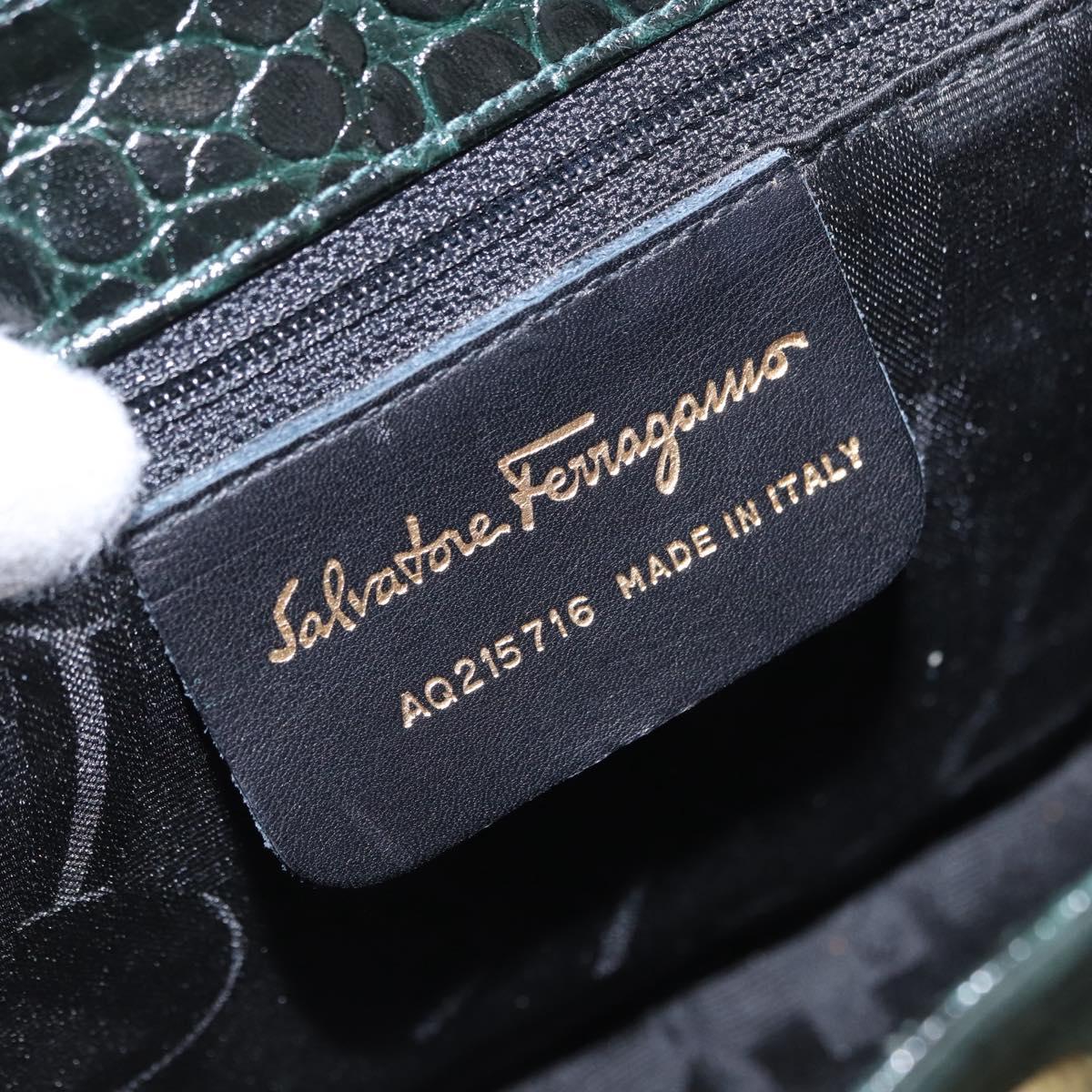 Salvatore Ferragamo Gancini Bag Leather embossed Green Gold Auth ka5598A