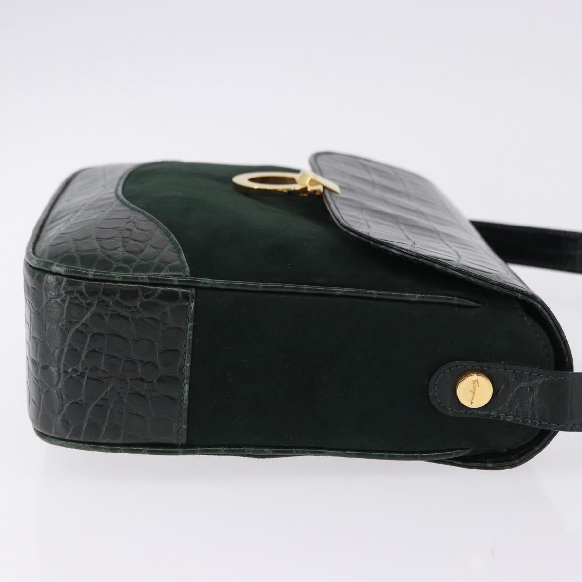 Salvatore Ferragamo Gancini Bag Leather embossed Green Gold Auth ka5598A