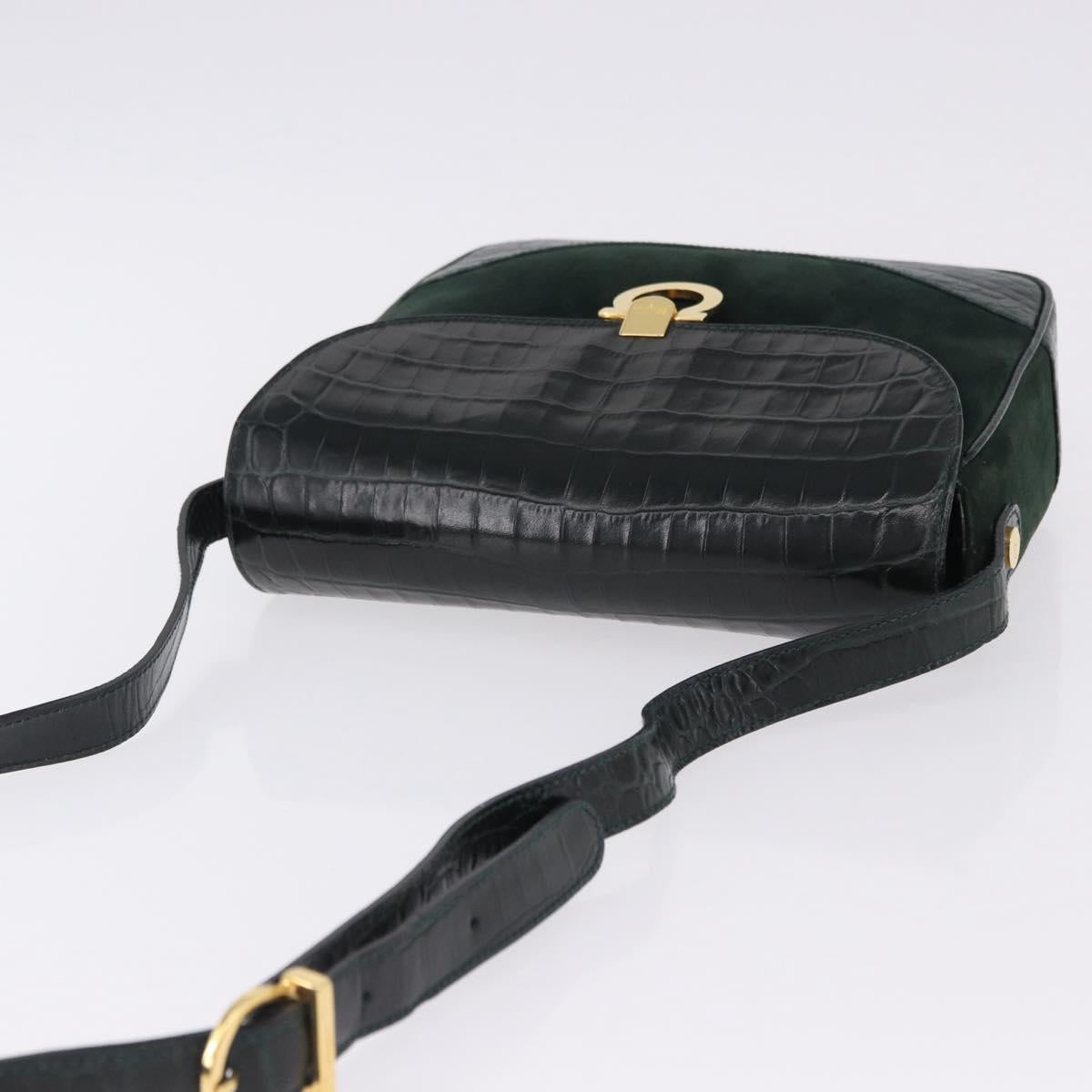 Salvatore Ferragamo Gancini Bag Leather embossed Green Gold Auth ka5598A