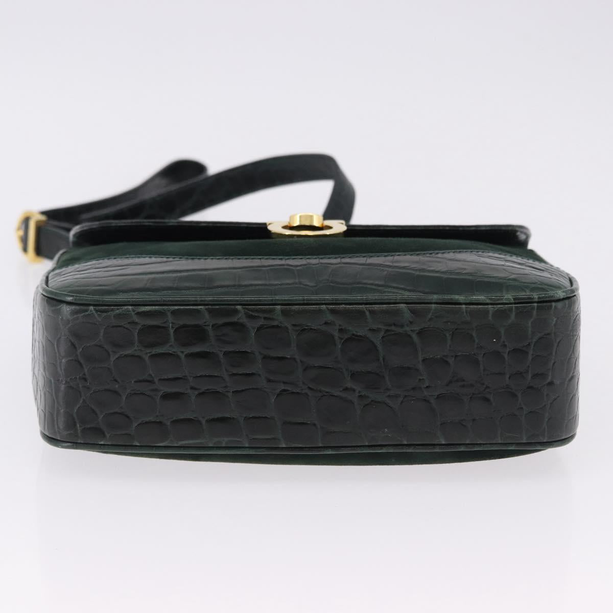 Salvatore Ferragamo Gancini Bag Leather embossed Green Gold Auth ka5598A