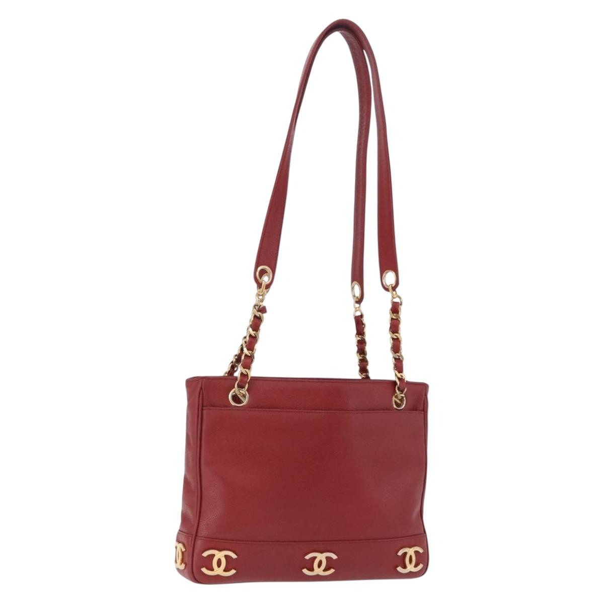 CHANEL Triple COCO Mark Chain Shoulder Bag Caviar Skin Red Gold CC Auth ka5622
