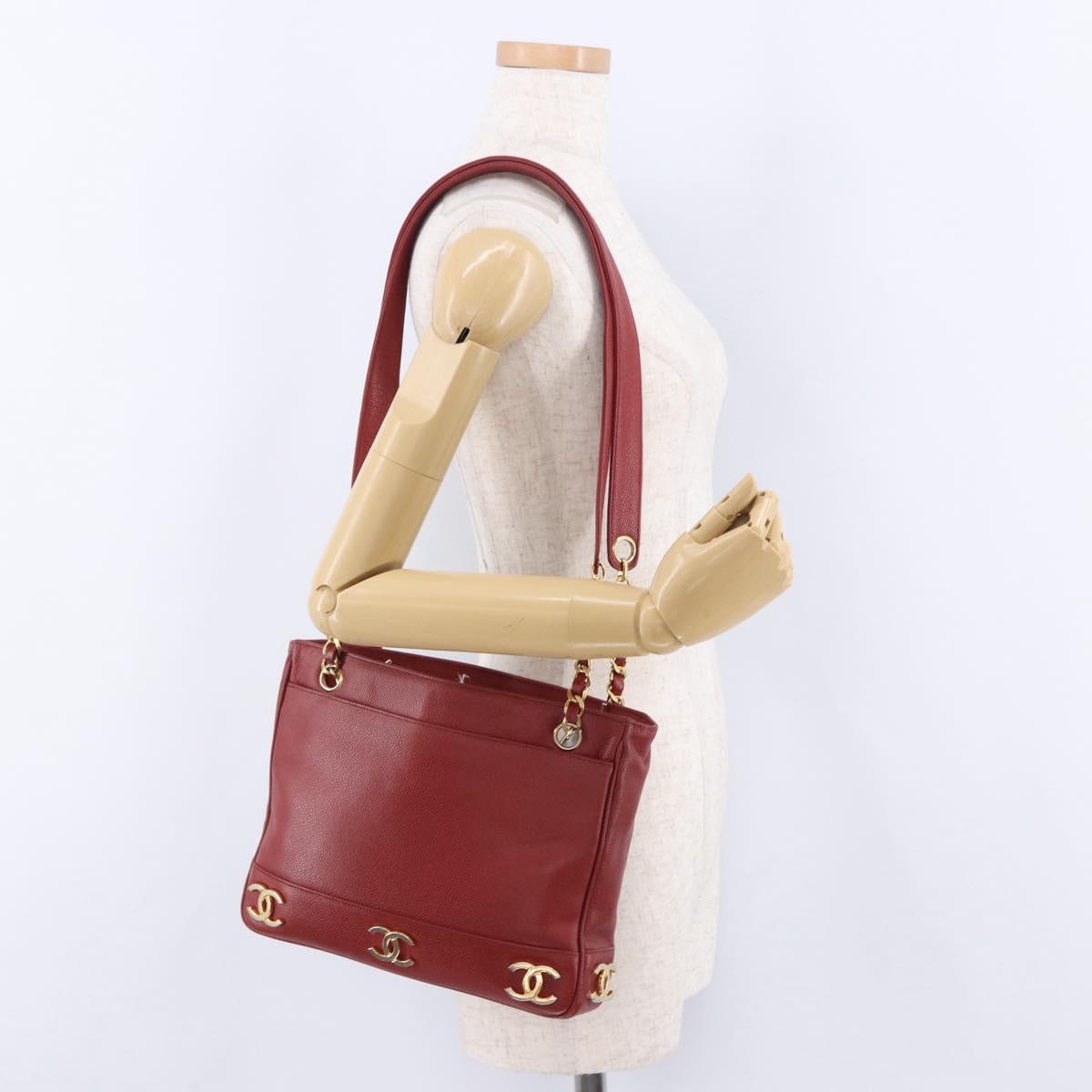 CHANEL Triple COCO Mark Chain Shoulder Bag Caviar Skin Red Gold CC Auth ka5622