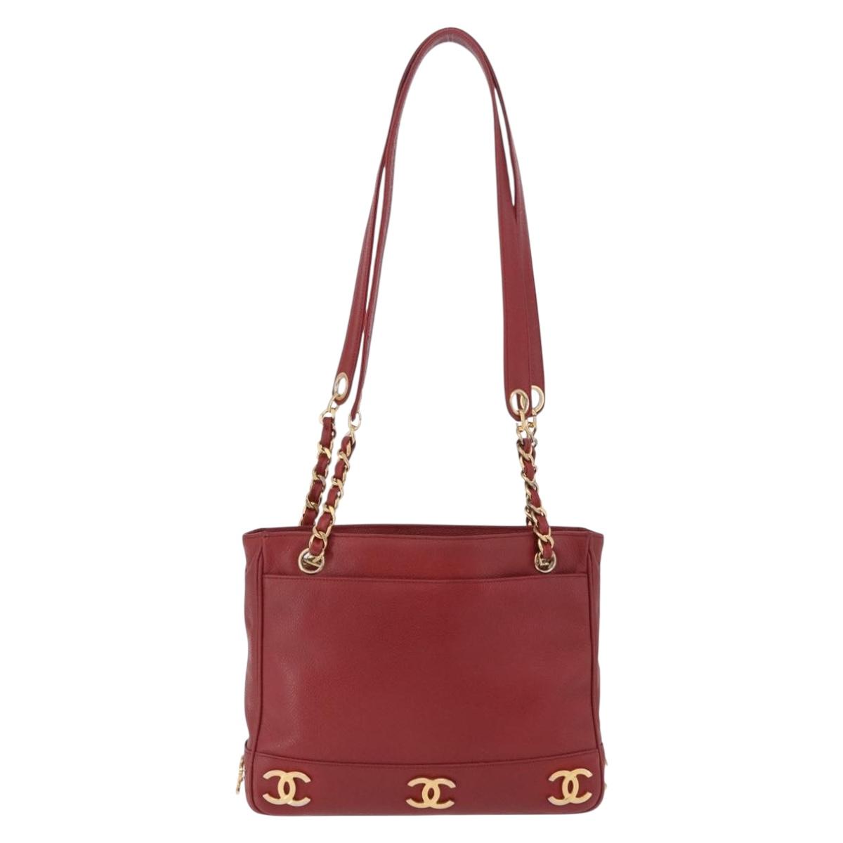 CHANEL Triple COCO Mark Chain Shoulder Bag Caviar Skin Red Gold CC Auth ka5622